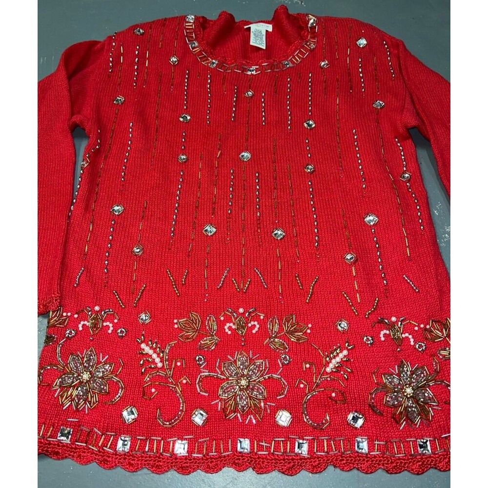 Yarnworks Womens Sweater Red L Faux Pearl Rhinestones Holidays Vintage